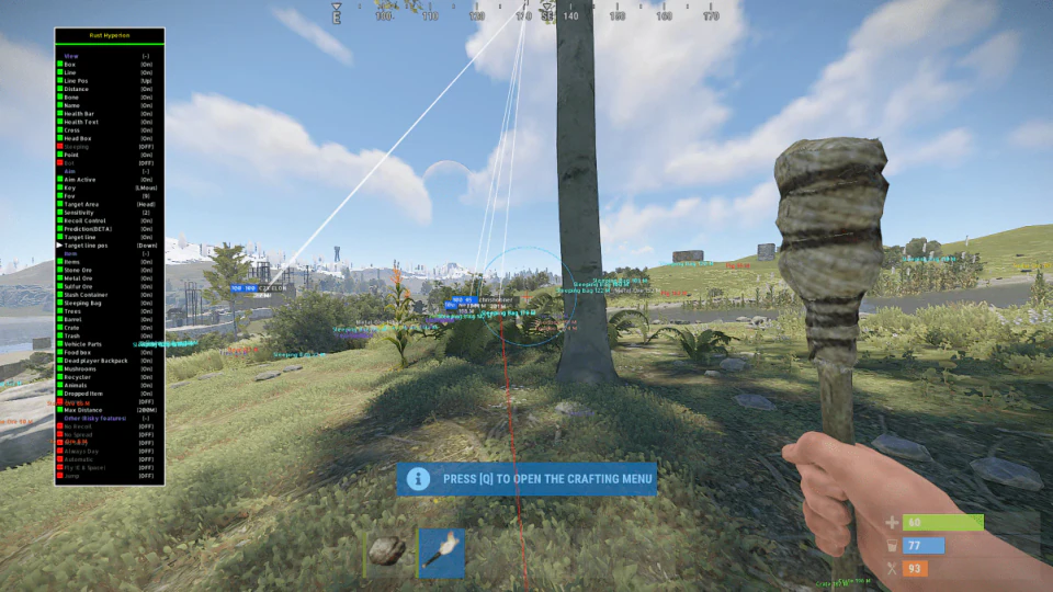 Rust outdoor scene with an on-screen settings panel.