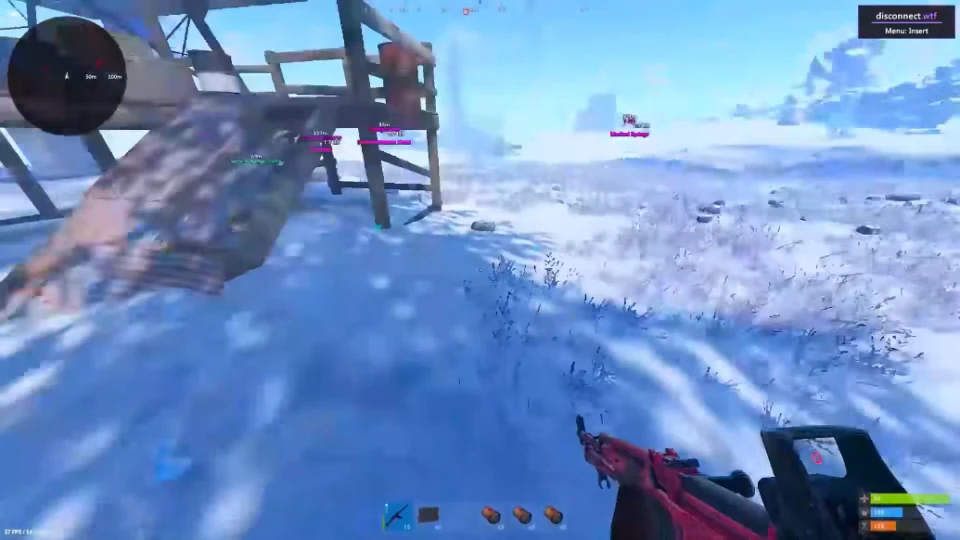 Rust first-person view over snowy terrain with game markers visible.